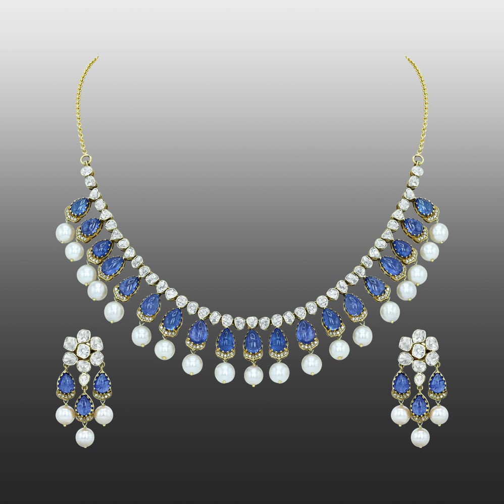 Tanzanite Necklace Set with Polki Diamonds and Pearl Drops